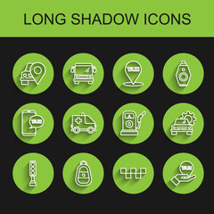 Set line Traffic light, Car key with remote, Map pointer taxi, Taxi car roof, Hand on map, Ambulance emergency, service and Petrol or Gas station icon. Vector