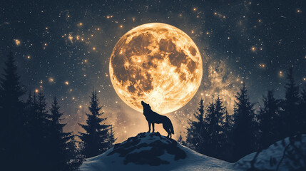 Naklejka premium Wolf Moon or Supermoon view hanging in the night sky, the moon looks golden and full of crater details, Ai generated images