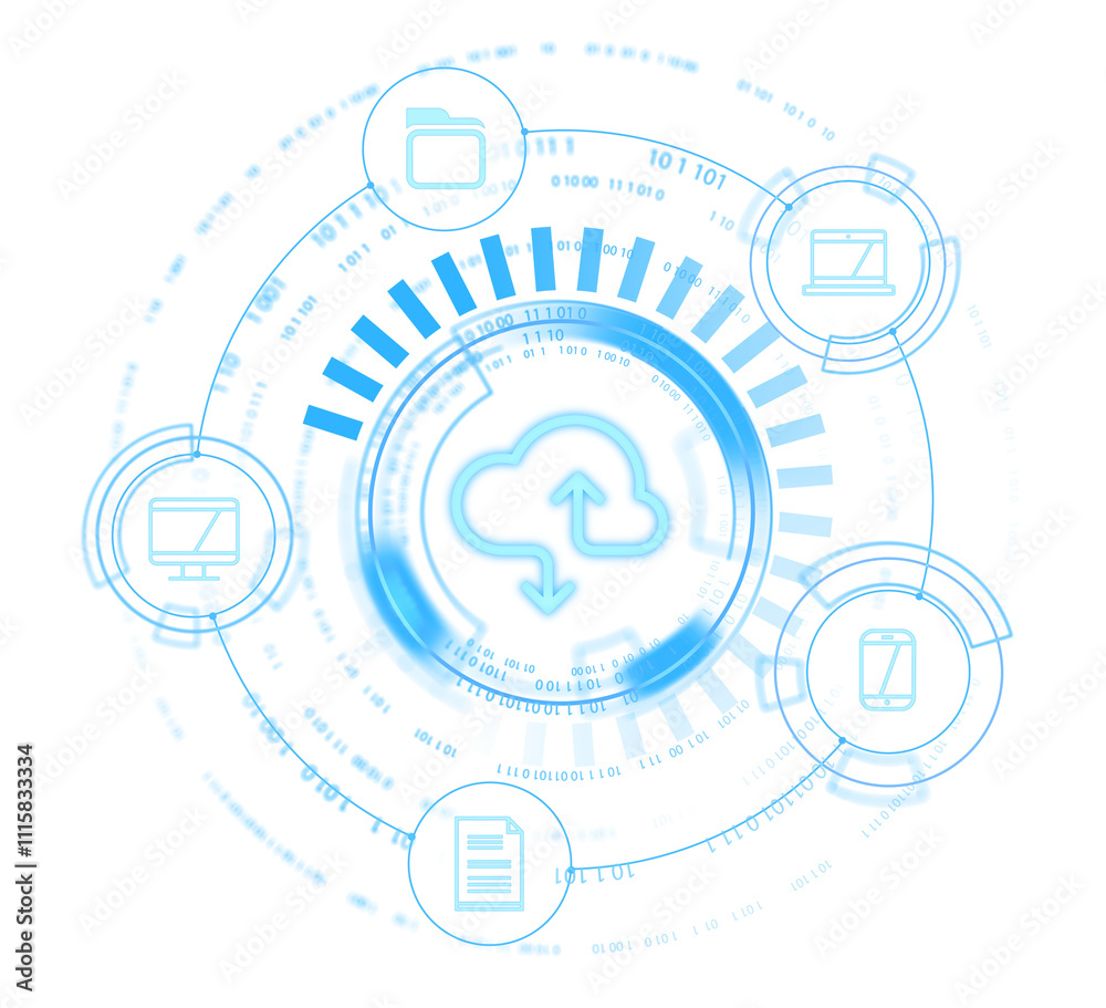 Poster cloud computing concept with blue icons for data sharing, computers, and devices, depicted in a futu