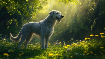 In a serene meadow, an Irish wolfhound stands proudly amidst a vibrant display of wildflowers