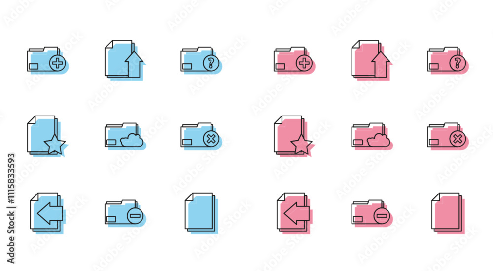 Poster set line next page arrow, document folder with minus, add new, cloud storage text document, delete, 