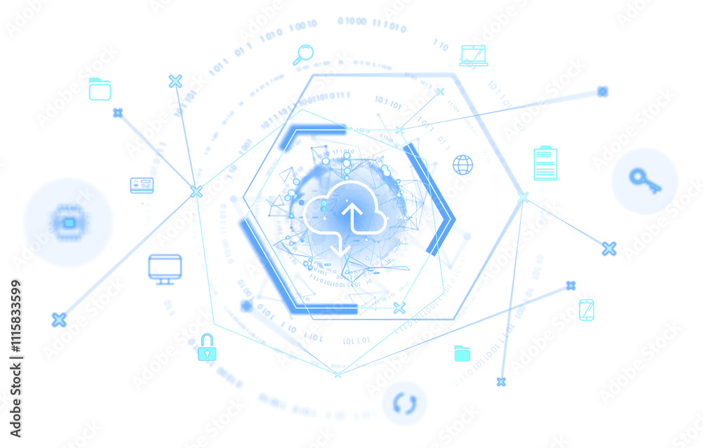 Poster abstract cloud computing illustration with icons and binary code in blue tones, geometric design, wh