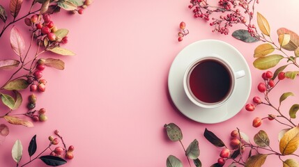 Cup of tea with berries and leaves on pastel pink background