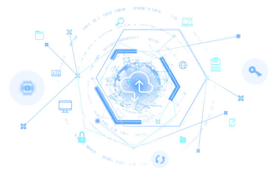 Abstract cloud computing illustration with icons and binary code in blue tones, geometric design, white background. Concept of digital storage. 3D Rendering.