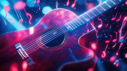Obraz premium A vibrant acoustic guitar surrounded by musical notes and colorful lights.