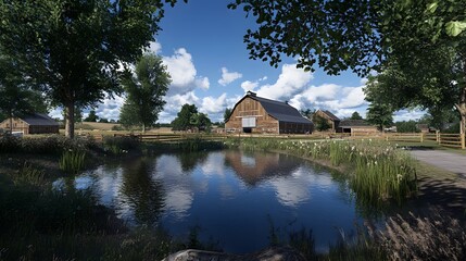 Obraz premium A serene rural landscape featuring a pond, barn, and lush greenery under a blue sky.