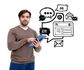 Man holding a tablet, wearing casual clothes, with drawn communication icons above. Isolated on white background. Concept of technology and interaction