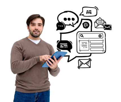 Man holding a tablet, wearing casual clothes, with drawn communication icons above. Isolated on white background. Concept of technology and interaction