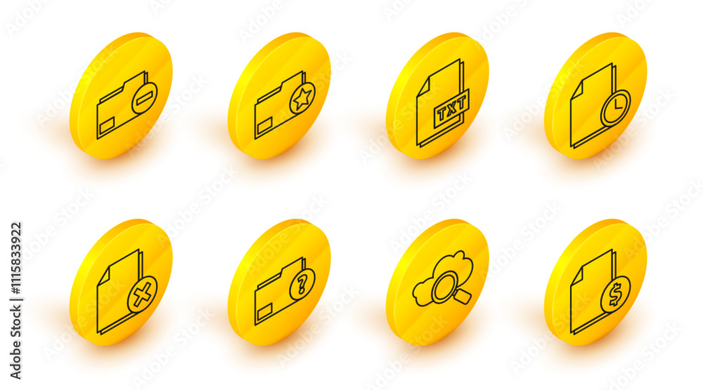 Poster set line finance document, search cloud computing, unknown folder, delete file, document with clock,