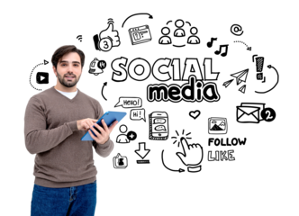 A man holding a tablet with social media icons and text insketch style on a white background. Concept of social media interaction and design