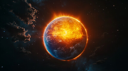 Obraz premium Earth at perihelion with the Sun appearing very large and bright, yellow and red light filling the top of the composition, Ai generated images