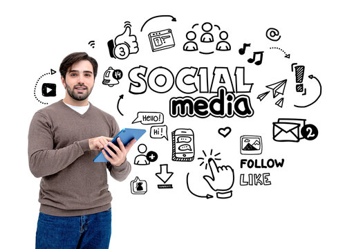 A man holding a tablet with social media icons and text insketch style on a white background. Concept of social media interaction and design