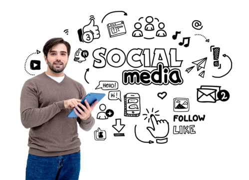 A man holding a tablet with social media icons and text insketch style on a white background. Concept of social media interaction and design