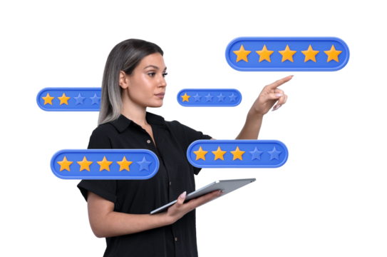 Woman holding tablet, pointing at floating blue and yellow star rating icons on white background, symbolizing customer feedback and evaluation concept