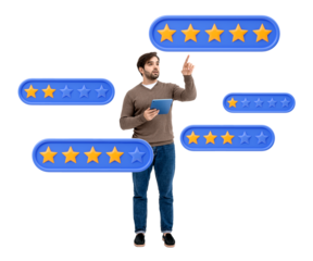 Man holding a tablet, pointing at star rating icons, isolated on a white background. Concept of customer feedback, satisfaction, and evaluation