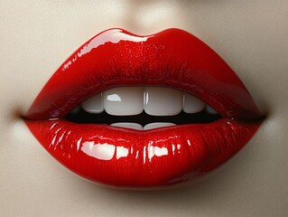 Obraz premium Glossy Red Lips with Perfect White Teeth Close-Up