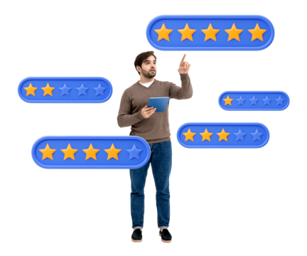 Man holding a tablet, pointing at star rating icons, isolated on a white background. Concept of customer feedback, satisfaction, and evaluation