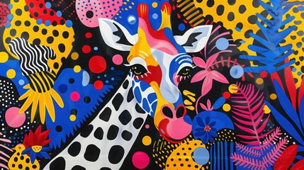 A vibrant, colorful illustration of a giraffe amidst abstract patterns.
