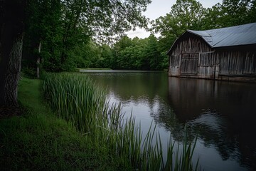 Obraz premium A tranquil lakeside scene featuring a rustic wooden structure surrounded by lush greenery.