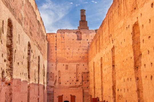 Architecture of the El Badii Palace, a vestige of the history of Marrakech in Morocco