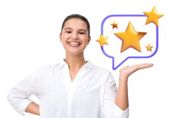 Smiling person in white shirt holds hand under golden stars in speech bubble on white background....