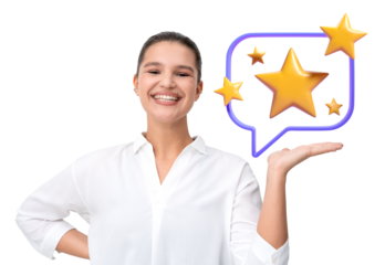 Smiling person in white shirt holds hand under golden stars in speech bubble on white background. Concept of customer satisfaction and reviews