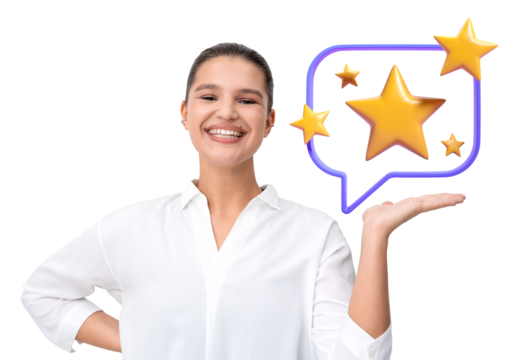 Smiling person in white shirt holds hand under golden stars in speech bubble on white background. Concept of customer satisfaction and reviews