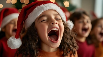 A happy child in a Santa hat sings cheerfully during Christmas festivities, with joyful expressions and warm lighting creating a cozy atmosphere around the holiday scene.