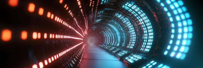 Fototapeta premium digital matrix code forming the surface of the pipeline, highlighting the luminous blue numbers.