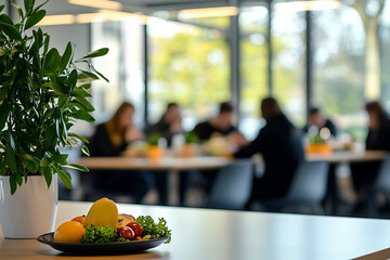 Modern Office Canteen During Lunchtime with Bright Design, Empty Table in Foreground and Groups Enjoying Healthy Meals in the Background