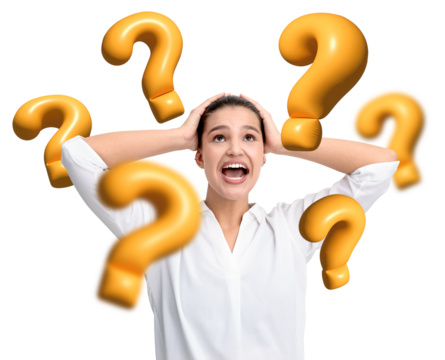 Surprised woman holding her head, surrounded by large yellow question marks, isolated on white background. Concept of confusion or curiosity