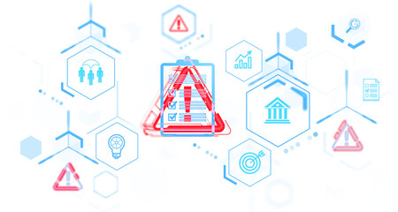 Warning signs and checklist illustrations on a white background, with blue and red tones. Depicting risk management, security, and compliance concepts. 3D Rendering.