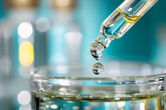 droplet falling from a glass pipette into a transparent bowl filled with liquid