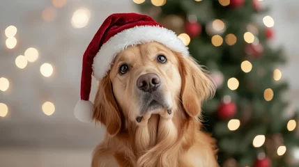 A golden retriever dog wearing a festive Santa hat gazes adorably at the camera amidst a backdrop of twinkling Christmas lights, creating a warm holiday atmosphere.