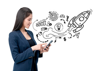 Woman holding smartphone, smiling, with hand-drawn startup concept sketches including rocket and icons, isolated on white background
