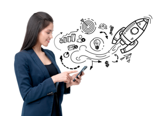Woman holding smartphone, smiling, with hand-drawn startup concept sketches including rocket and icons, isolated on white background