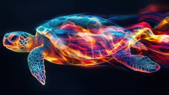 A colorful abstract sea turtle with its shell in the shape of a flame.