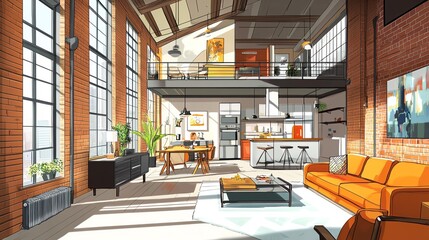 a 2D cartoon illustration of a modern loft apartment with open space, trendy and urban, white background--ar 16:9