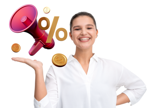Woman smiling in a white shirt, holding up a hand with a red megaphone, percentage symbol, and gold coins floating, isolated on white background