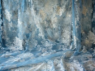Draped light blue lace fabric with white floral pattern, creating a soft and elegant background.