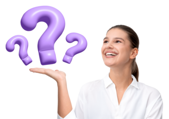 Woman smiling while holding purple question marks above an outstretched hand, isolated on a clean white background. Concept of curiosity, questions