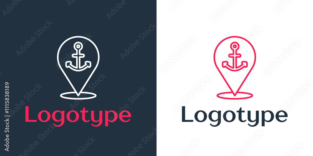 Poster logotype line map pointer with anchor icon isolated on white background. logo design template elemen