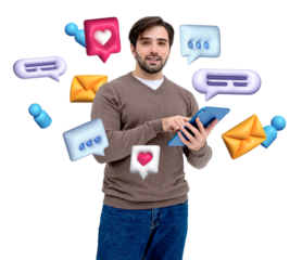 Man holding tablet, colorful message icons floating, isolated on white background. Concept of communication, social media, digital interaction