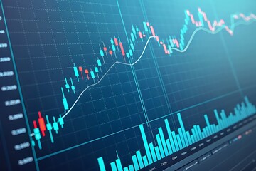 Fototapeta premium Closeup financial chart with uptrend line candlestick graph in stock market on monitor background