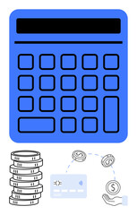 Large blue calculator, stack of coins, credit card processing, and hand receiving money. Ideal for finance management, accounting, banking, budgeting payments transactions teaching. Line metaphor