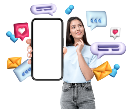 Woman holding a smartphone with a blank screen, surrounded by colorful icons for social media and messaging on a white background, concept of digital communication
