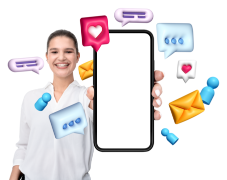 Woman holding a smartphone with a blank screen, colorful 3D communication icons floating around, isolated on white background, concept of messaging
