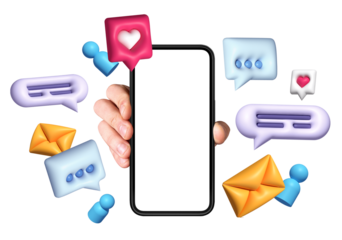 Hand holding a smartphone with a blank screen surrounded by chat bubbles, icons, and envelopes on a white background. Concept of communication