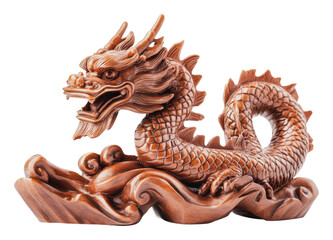 Fototapeta premium Intricate wooden dragon sculpture resting on waves, cut out - stock png.