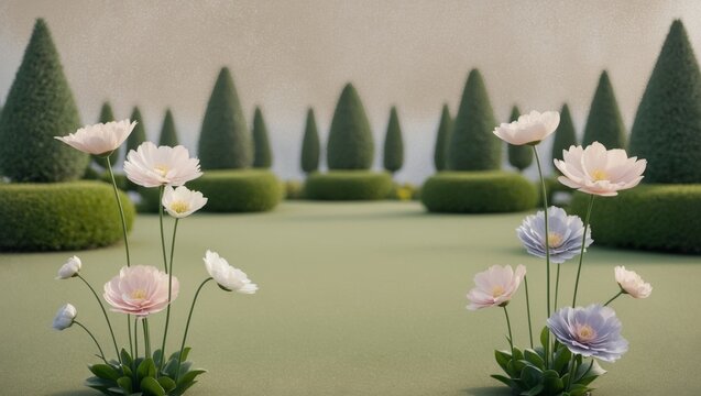 Artificially perfect garden with idealized flowers and flawless greenery.